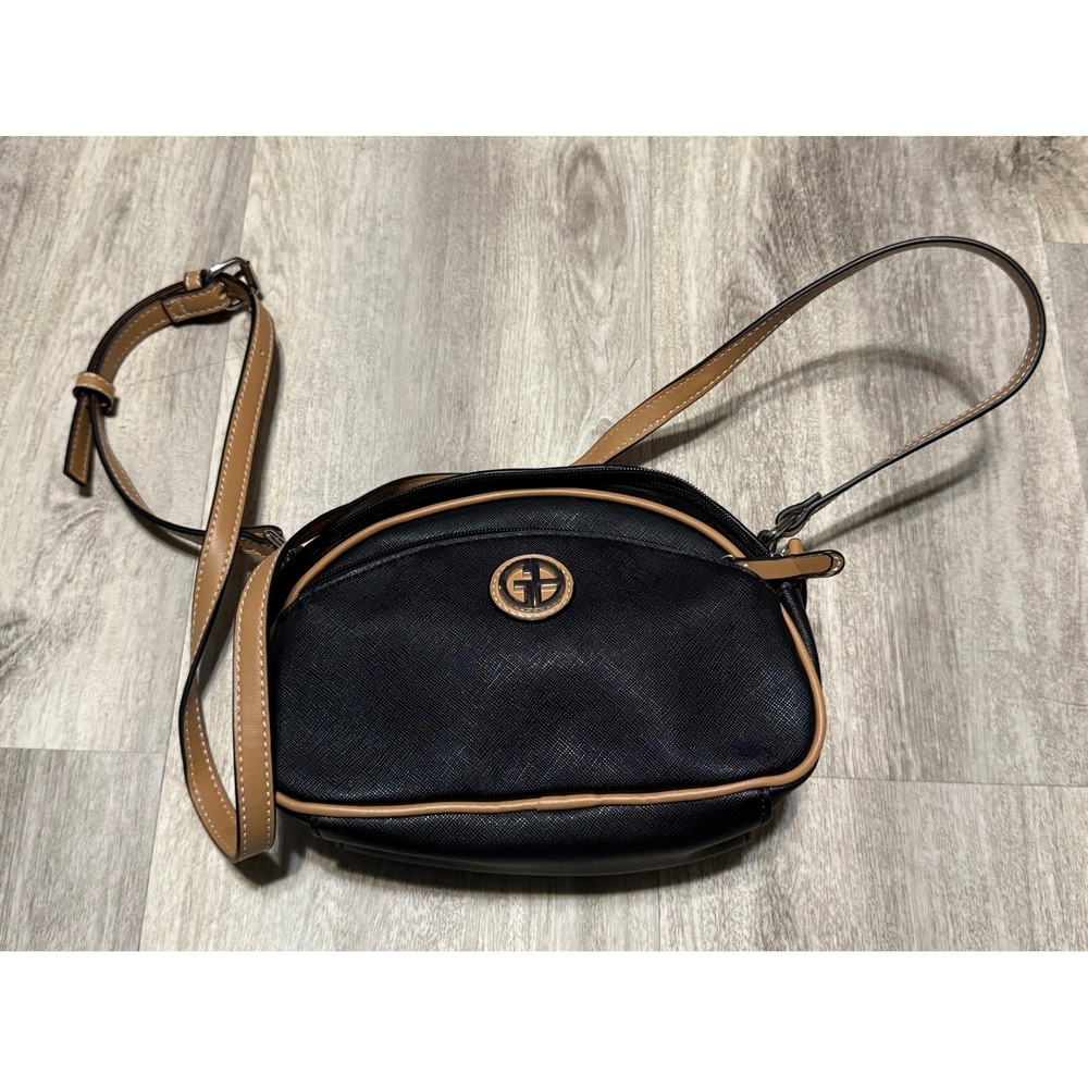 Gianni Bernini Black Faux Leather Crossbody Bag Tan Trim Adjustable Strap